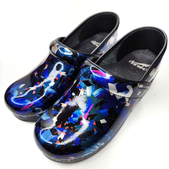 Dansko Shoes - Dansko Women's Metallic Floral Clogs - Black and Blue 7.5-8